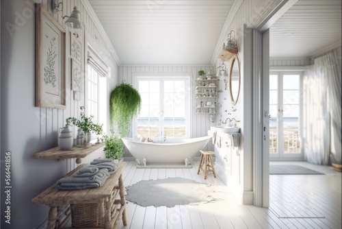Bath Room Interior Design Coastal Retreat Series  Crisp white walls  bleached wood flooring  and coastal inspired natural woven textiles. Generative AI 