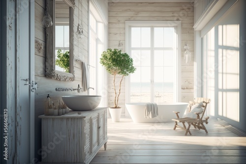 Bath Room Interior Design Coastal Retreat Series: Crisp white walls, bleached wood flooring, and coastal inspired natural woven textiles. Generative AI 