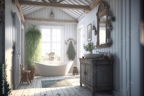 Bath Room Interior Design Coastal Retreat Series: Crisp white walls, bleached wood flooring, and coastal inspired natural woven textiles. Generative AI
