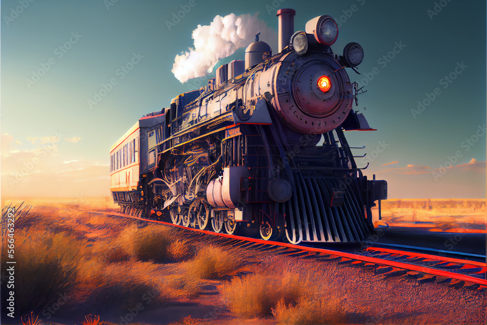 Classic transport train locomotive on blue sky background. Digital art