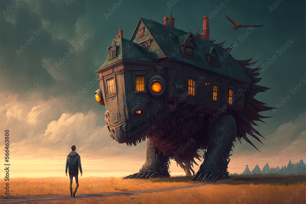 A Man in a Hoodie Walking to his Huge Monster House Hybrid on an Open