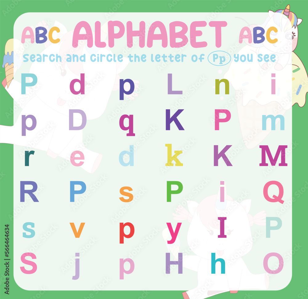 Search and circle the uppercase and lowercase of the P letter on the worksheet. Learning the alphabet for kindergarten and preschool children. Colorful and printable page. Educational worksheet. 