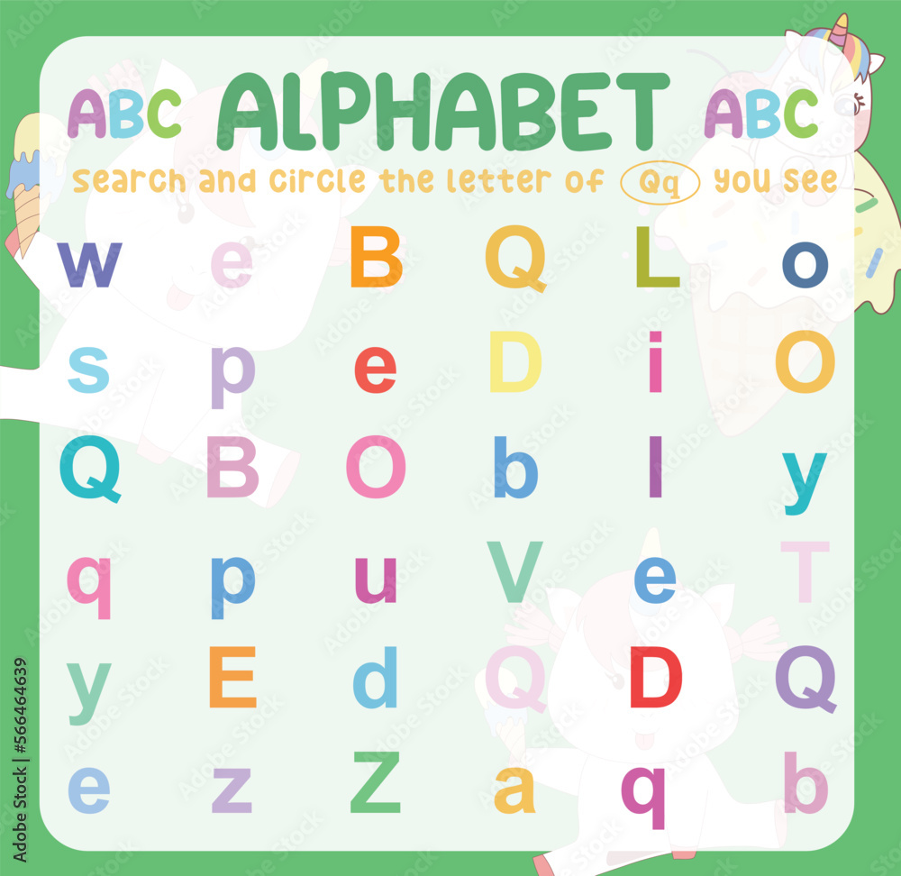 Search and circle the uppercase and lowercase of the Q letter on the worksheet. Learning the alphabet for kindergarten and preschool children. Colorful and printable page. Educational worksheet. Search and circle the uppercase and lowercase of the Q letter on the worksheet. Learning the alphabet for kindergarten and preschool children. Colorful and printable page. Educational worksheet.