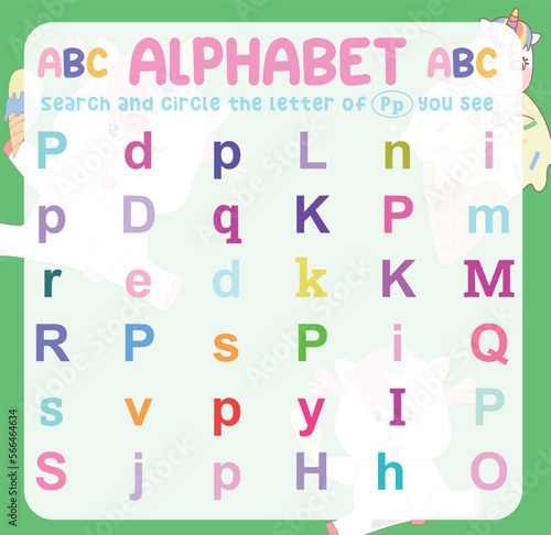 Search and circle the uppercase and lowercase of the P letter on the worksheet. Learning the alphabet for kindergarten and preschool children. Colorful and printable page. Educational worksheet. 
