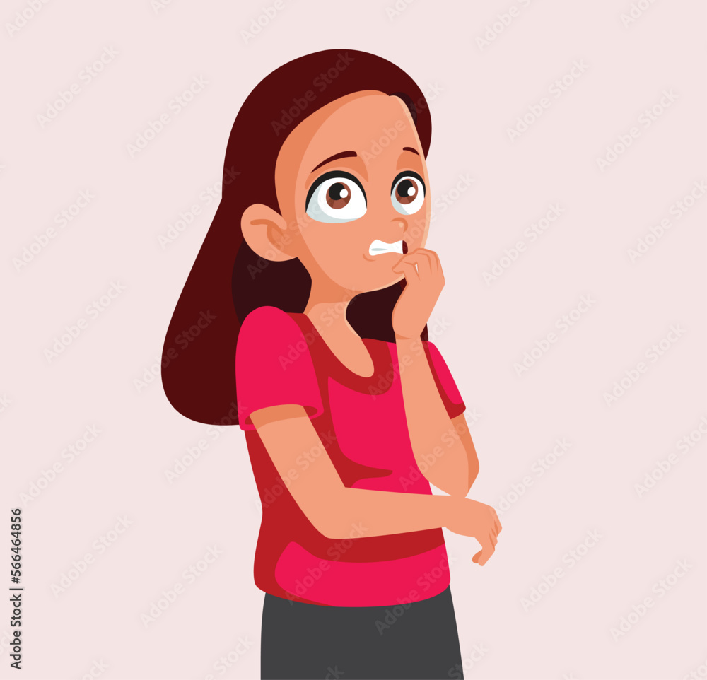 Nervous Teen Girl Biting her Nails Vector Cartoon Illustration. Stressed student panicking feeling awkward, anxious and insecure
Nervous Teen Girl Biting her Nails Vector Cartoon Illustration. Stressed student panicking feeling awkward, anxious and insecure