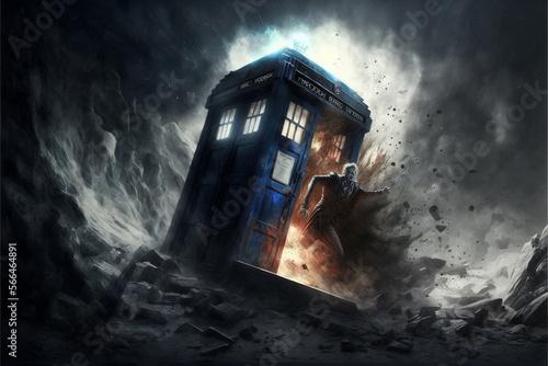 TARDIS time maschine, from the famous British sci-fi named Doctor Who, blue phone box, travel trought space and time, apocalypse, war, Generative AI