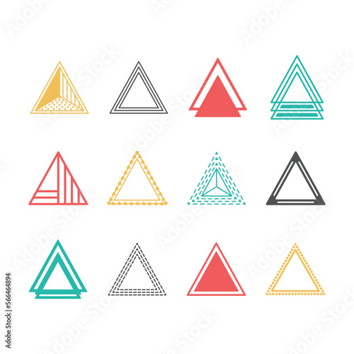 Trendy colors silhouette and line equilateral triangles motifs and icons design element set on white background