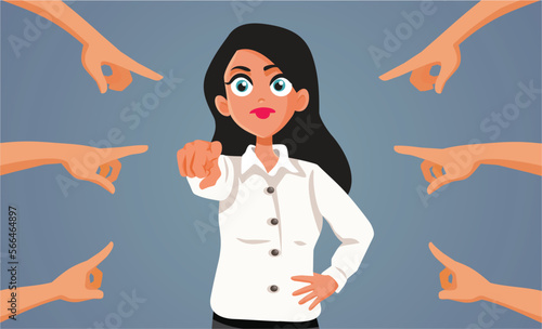 Accused Woman Shifting the Blame Pointing Back Vector Cartoon. People framing up girl to be responsible for all problems blaming the victim
