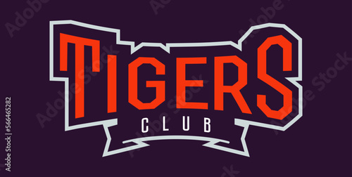 Bold sports font for tiger mascot logo. Text style lettering for esport, mascot logo, sport team, college club. Font on ribbon. Vector illustration isolated on background