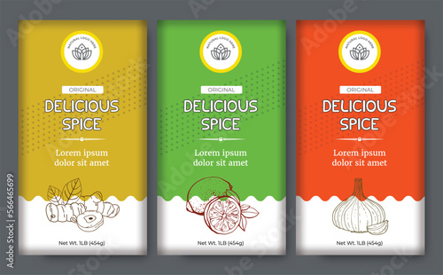Spice Box Design Turmeric Label Lemon Label Garlic Spice Label Designs. Abstract Vector Labels Template Set. Hand Drawn Sketch Herbs, Spice Background and Minimal Style Illustration.