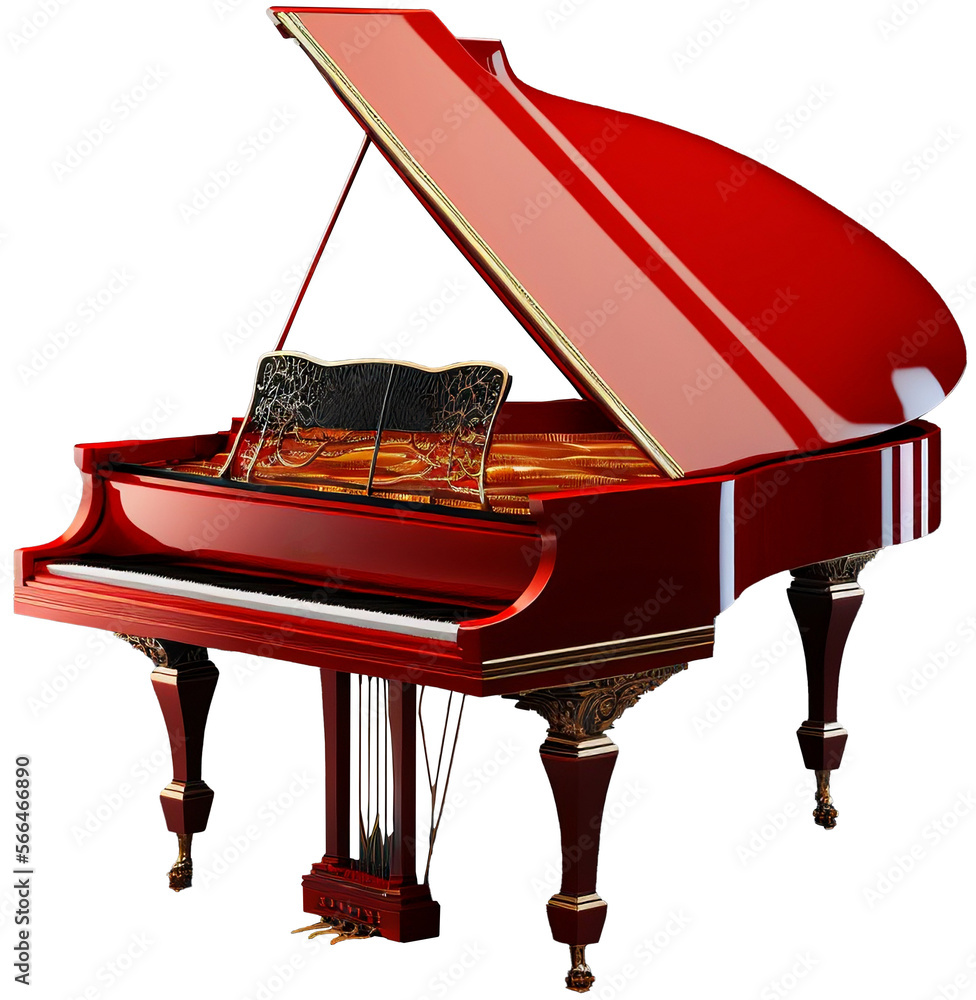 Red grand piano. AI generated illustration. Transparent PNG. Stock