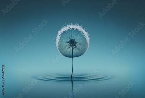single dandelion seed in the centre of a water droplet on a blue background  AI Generated 