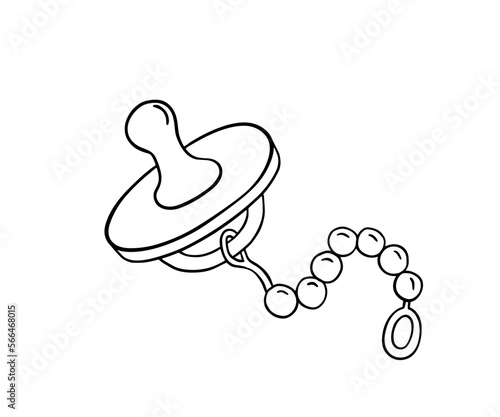 Baby pacifier doodle. Outline illustration isolated on white. Nipple with chain. Toy of child for coloring page.