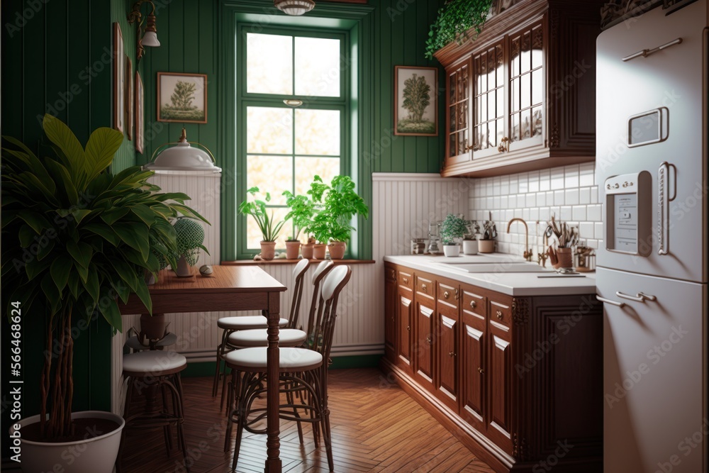 Kitchen Interior Design Woodland Haven Series: Soft white walls with stained wood paneling and furniture, earthy greens and browns for accent. Generative AI
