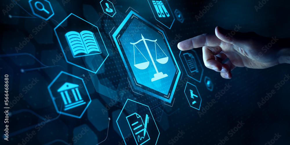 Legal advice for digital technologies, business, finance, intellectual property. Legal advisor, corporate lawer, attorney service. Laws and regulations. Finger touching button with justice scale icon. - obrazy, fototapety, plakaty 