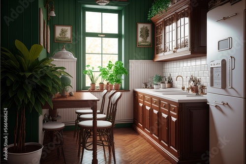 Kitchen Interior Design Woodland Haven Series: Soft white walls with stained wood paneling and furniture, earthy greens and browns for accent. Generative AI  © Ardreen