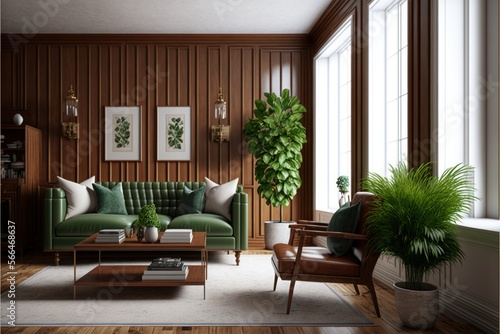 Living Room Interior Design Woodland Haven Series: Soft white walls with stained wood paneling and furniture, earthy greens and browns for accent. Generative AI  © Ardreen