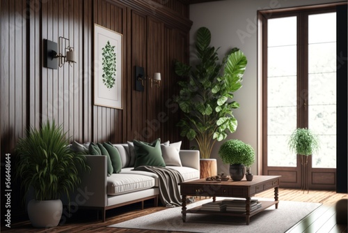 Living Room Interior Design Woodland Haven Series  Soft white walls with stained wood paneling and furniture  earthy greens and browns for accent. Generative AI 