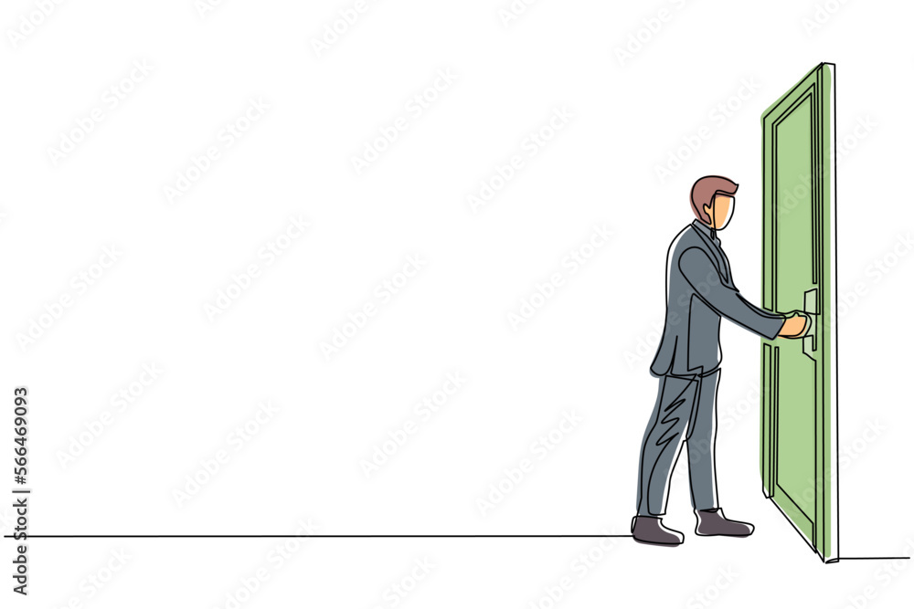 Single continuous line drawing businessman holding a door knob. Entering room in office building. Man holding door knob to open door and enter work space. Dynamic one line draw graphic design vector Single continuous line drawing businessman holding a door knob. Entering room in office building. Man holding door knob to open door and enter work space. Dynamic one line draw graphic design vector