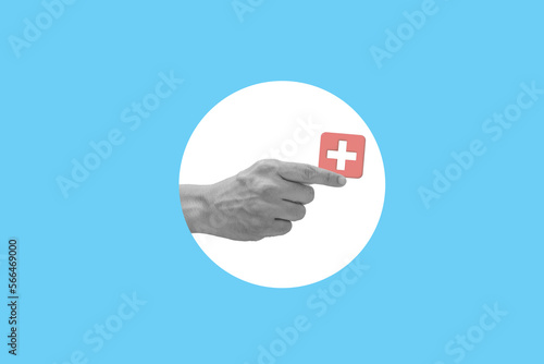 Man hands showing a medical cross icon isolated on a blue color background. abstact style. medical concept. Modern design