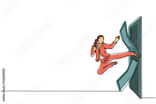 Single one line drawing businesswoman kicks the door with flying kick until door shattered. Man kicking locked door. Business concept of overcoming obstacles. Modern continuous line draw design vector