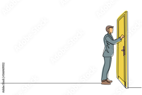 Single one line drawing businessman knocking at door. Man standing at entrance of room knocking door. Male in business suit is knocking at door. Continuous line draw design graphic vector illustration
