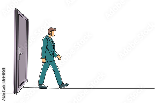 Single continuous line drawing young businessman walking and leaving closed door. New business ventures. Entering new market. Career growth. Dynamic one line draw graphic design vector illustration