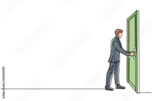 Single continuous line drawing businessman holding a door knob. Entering room in office building. Man holding door knob to open door and enter work space. Dynamic one line draw graphic design vector