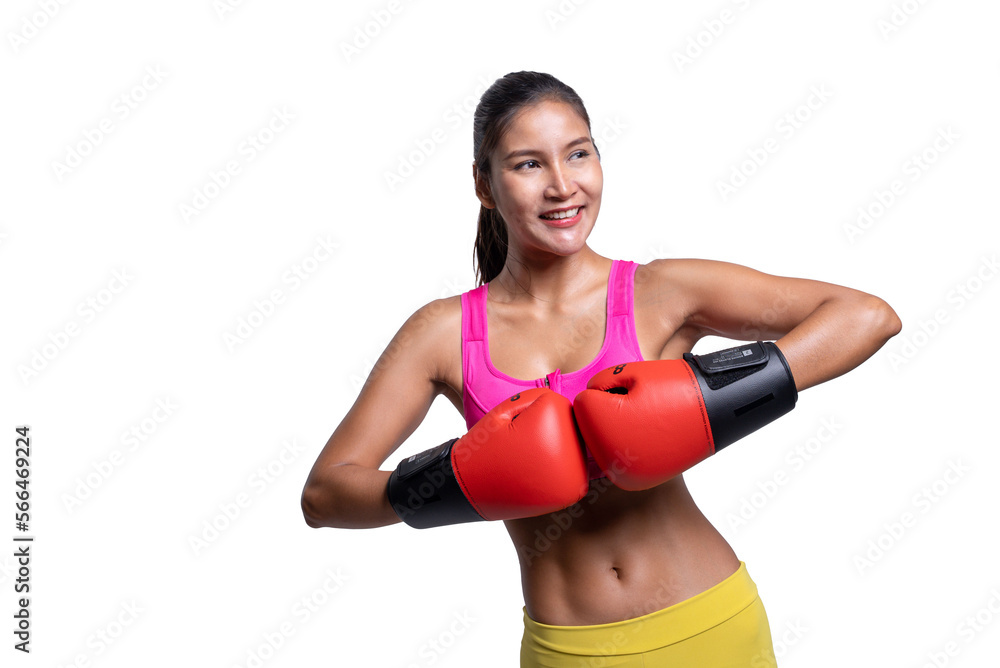 shot of smiling young sporty Asian woman fitness model in pink sportswear with red boxing mitts. isolated on white background. Fitness and healthy lifestyle concept. shot of smiling young sporty Asian woman fitness model in pink sportswear with red boxing mitts. isolated on white background. Fitness and healthy lifestyle concept.