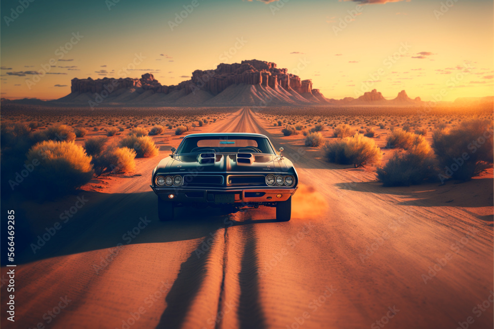 muscle car on desert road, Generative AI