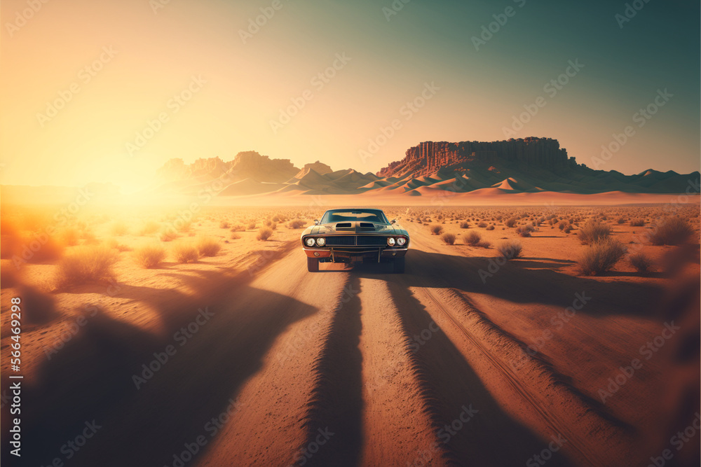 muscle car on desert road, Generative AI muscle car on desert road, Generative AI