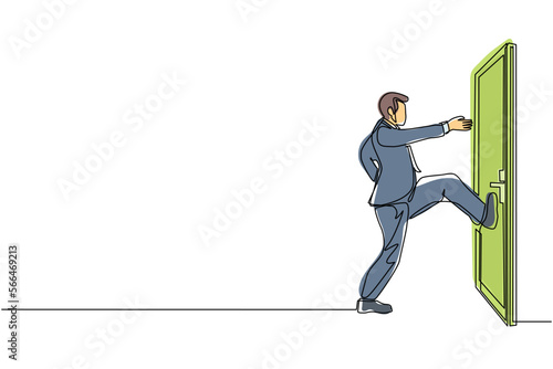 Single one line drawing businessman kicks door closed with his leg. Business and success. Aggressive business approach. Business struggles. Continuous line draw design graphic vector illustration