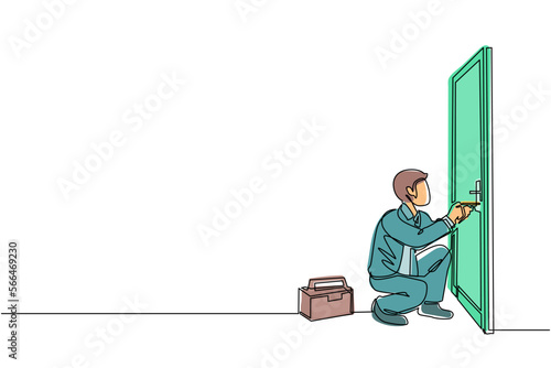 Continuous one line drawing businessman prying doorknob with screwdriver. Man repair broken handle door knob with handyman tool in tool box. Success business concept. Single line draw design vector