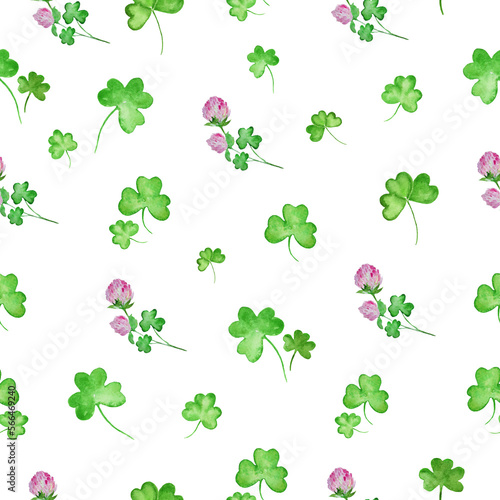 Watercolor seamless pattern for St. Patrick Day. Hand drawn clover  illustration isolated on white background.