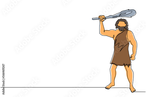 Single one line drawing prehistoric man holding and raised cudgel overhead. Man hunting an ancient animal with cudgel, caveman of prehistoric period with weapon. Continuous line draw design vector