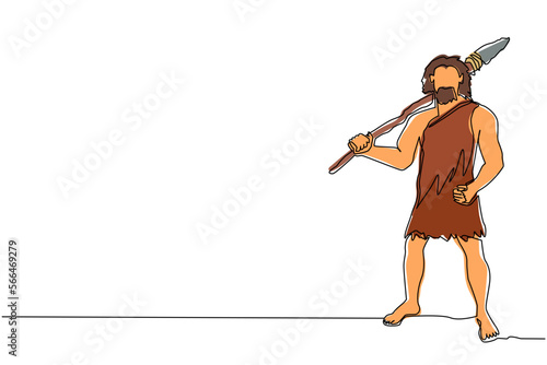 Single continuous line drawing prehistoric man holding stone spear on shoulders. Primitive person hunt. Stone age hunter. Man hunting an ancient animal with stone spear. One line draw design vector