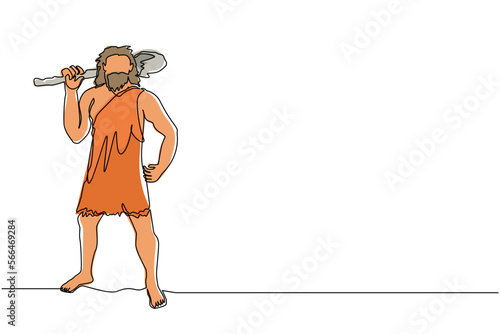 Single one line drawing stone age primitive man in animal hide pelt with big wooden club. Prehistoric man holding cudgel on shoulders. Modern continuous line draw design graphic vector illustration