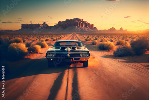 muscle car on desert road, Generative AI