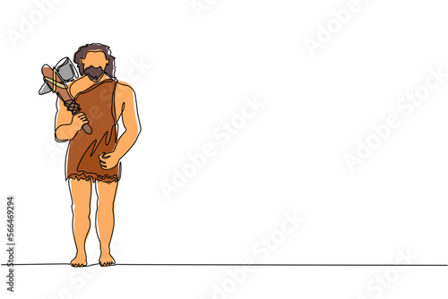 Single continuous line drawing caveman standing and holding stone axe. Prehistoric bearded man dressed in animal pelt. Neanderthal hunter. Ancient human. One line graphic design vector illustration