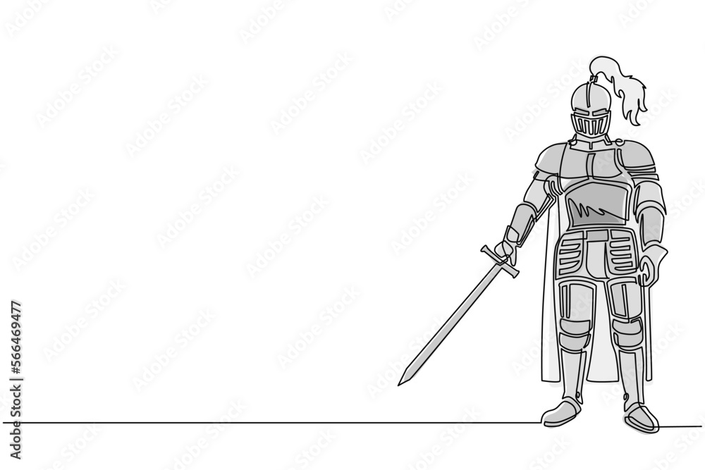 Fototapeta premium Single one line drawing medieval knight in armor, cape, helmet with feather. Warrior of middle ages standing, holding sword. Medieval heraldry symbol. Continuous line draw design vector illustration