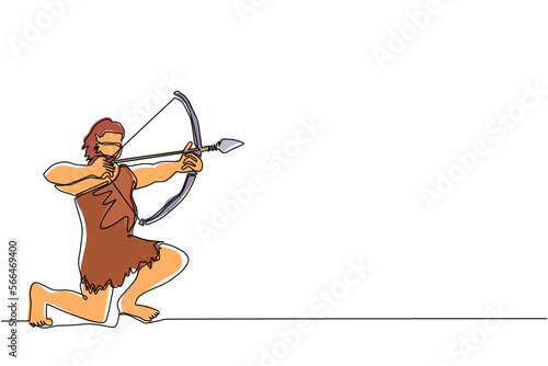 Single continuous line drawing primitive person hunts animal. Stone age hunter, man hunting an ancient animal with bow and arrow, man of prehistoric period with weapon. One line draw design vector