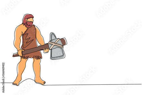 Continuous one line drawing primitive archaic man wearing clothes made of animal skin and holding big stone axe. Early human, caveman, warrior or hunter from stone age. Single line draw design vector