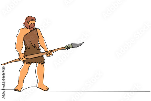 Continuous one line drawing caveman standing and holding big stone spear. Prehistoric bearded man dressed in animal pelt. Neanderthal hunter. Ancient homosapien. Single line draw design vector graphic