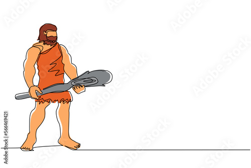 Single one line drawing caveman holding big wooden club or cudgel. Prehistoric bearded man dressed in animal pelt. Neanderthal hunter. Ancient homosapiens. Continuous line draw design graphic vector