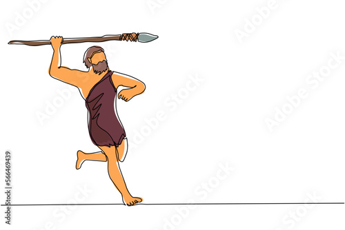 Single continuous line drawing primitive person hunts animal. Stone age hunter, man hunting an ancient animal with stone spear, caveman of prehistoric period with weapon. One line draw design vector photo