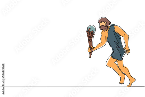 Single continuous line drawing young caveman and cudgel flat isolated. Prehistoric man hunter. Ancient man is running and hunting with cudgel. Dynamic one line draw graphic design vector illustration