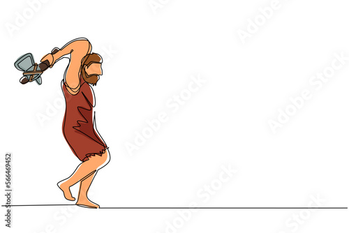 Single continuous line drawing prehistoric man holding and raised stone axes. Man hunting an ancient animal with stone axe, caveman of prehistoric period with weapon. One line graphic design vector