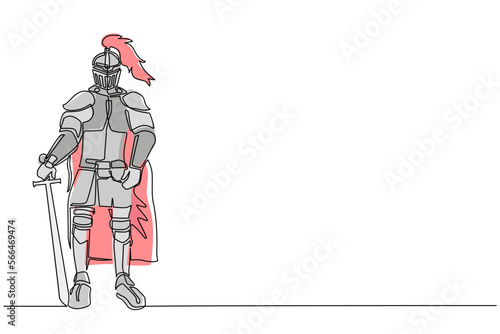 Continuous one line drawing medieval knight in armor, cape and helmet with feather. Warrior of middle ages standing and leaning on sword. Historical ancient military. Single line draw design vector