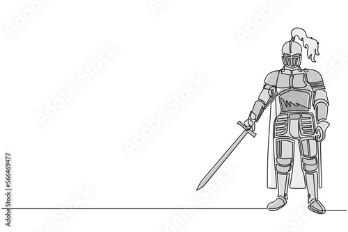 Single one line drawing medieval knight in armor, cape, helmet with feather. Warrior of middle ages standing, holding sword. Medieval heraldry symbol. Continuous line draw design vector illustration