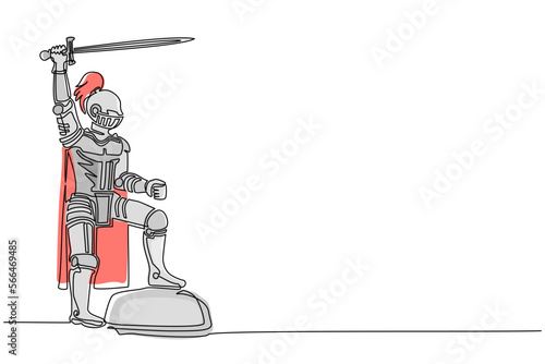 Continuous one line drawing medieval knight standing in armor and helmet holding shield and raised sword standing on top of rock. Ancient fighter. Single line draw design vector graphic illustration